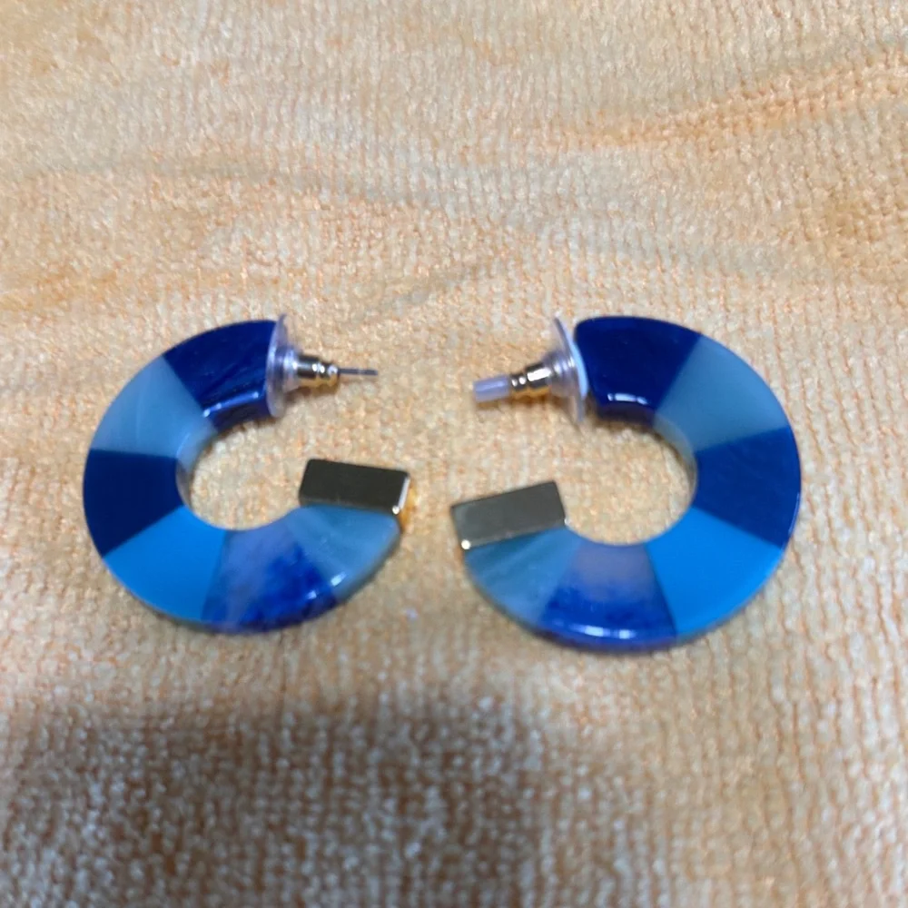 Blue Resin Hoop Earrings - Modern Colorblock Design - Picture 1 of 1